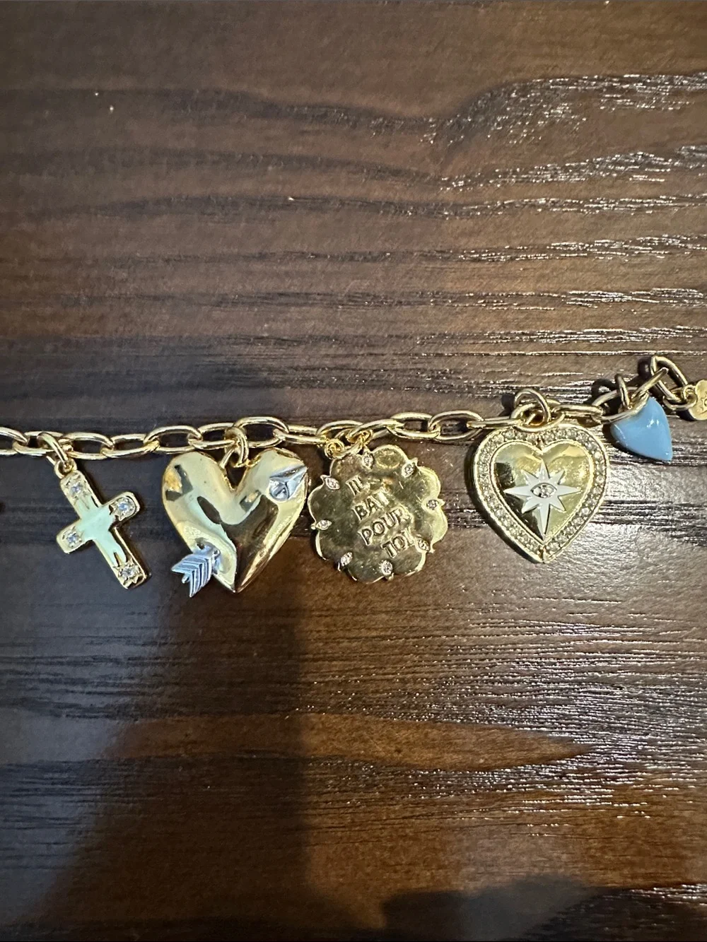 HART Gold Tone Heart Charm Bracelet with Blue Accents - Women Jewelry